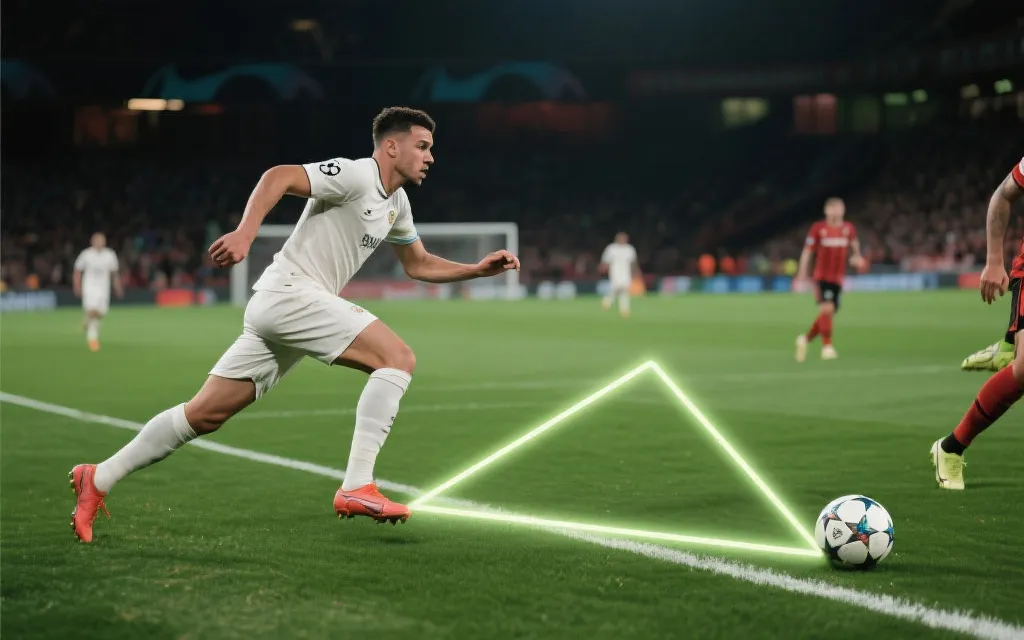 球场边路进攻瞬间，边后卫前插与倒三角传球线路示意，战术感