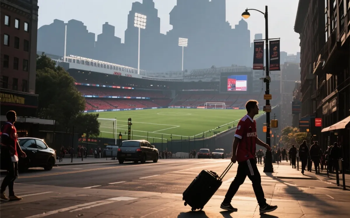 球迷在机场与城市间移动的旅行场景，结合球场剪影的路线规划概念图