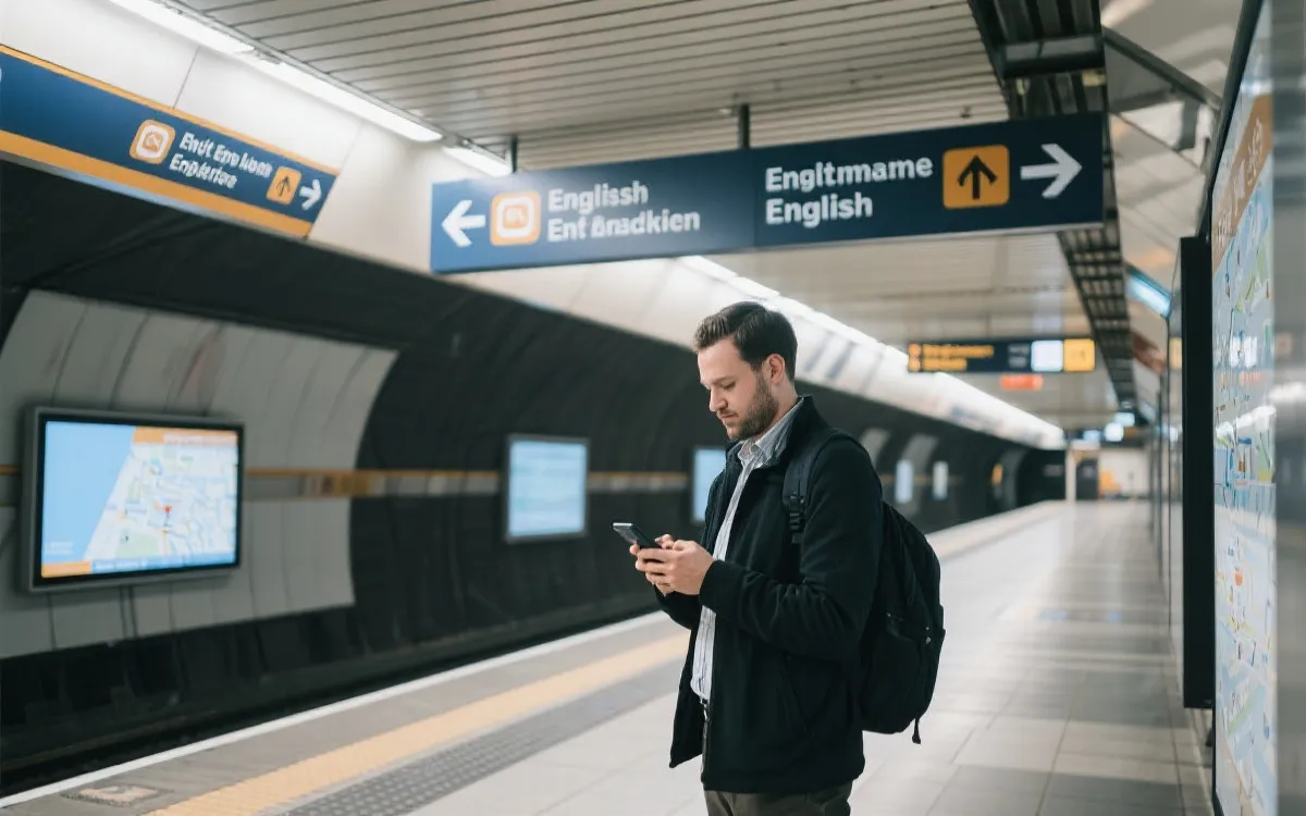 温哥华地铁站内的英文导向牌与站台，球迷拿着手机查看离线路线